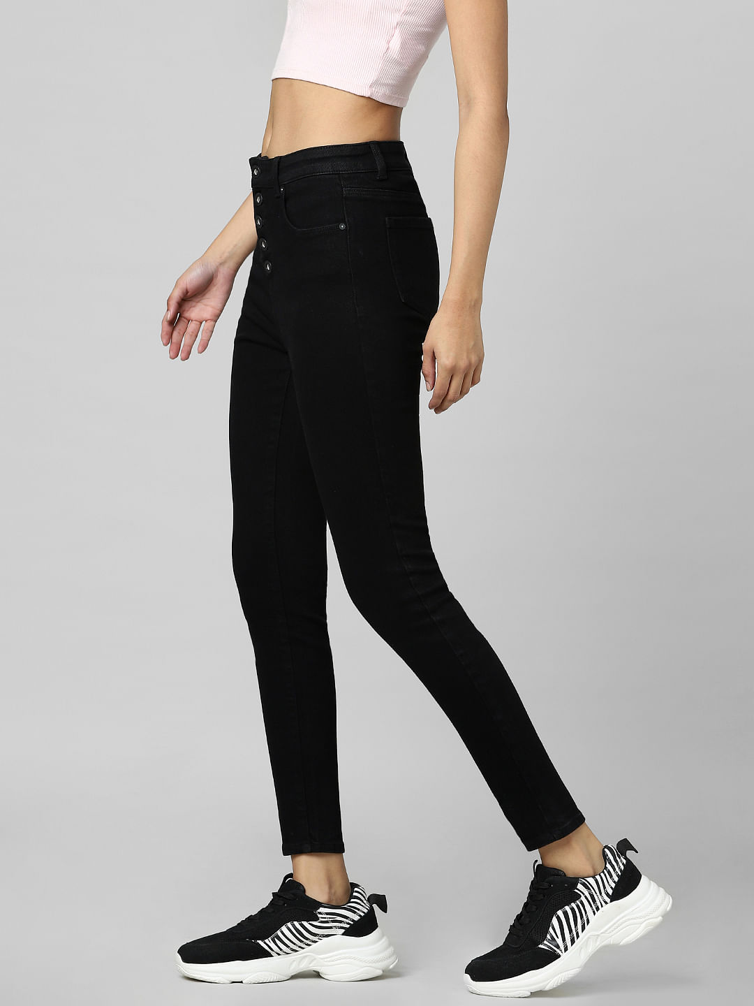 Black High Stretch Skinny Jeans Slim Fit Slant Pockets - Temu